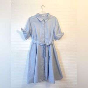 Calvin Klein Cotton Light Blue Button Up Fit & Flare Belt Tie Dress